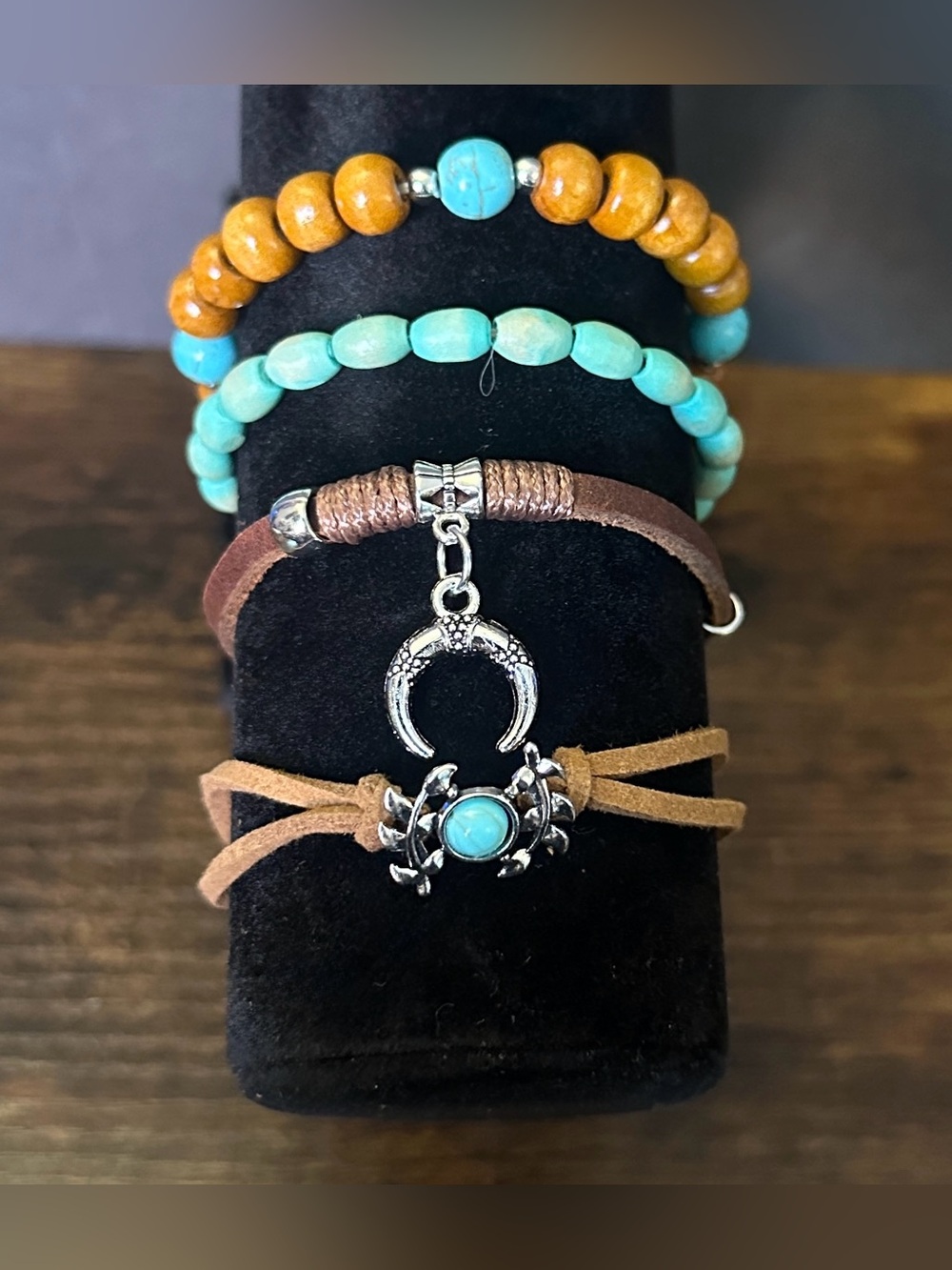 Bohemian Turquoise Beaded & Leather Bracelet Set